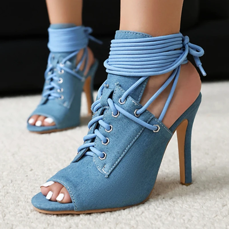 Zapatos de verano de talla grande para mujer, sandalias con punta abierta, tacones altos, correa en el tobillo, azul, negro, gladiador, fiesta, baile, Jazz, zapatos para mujer