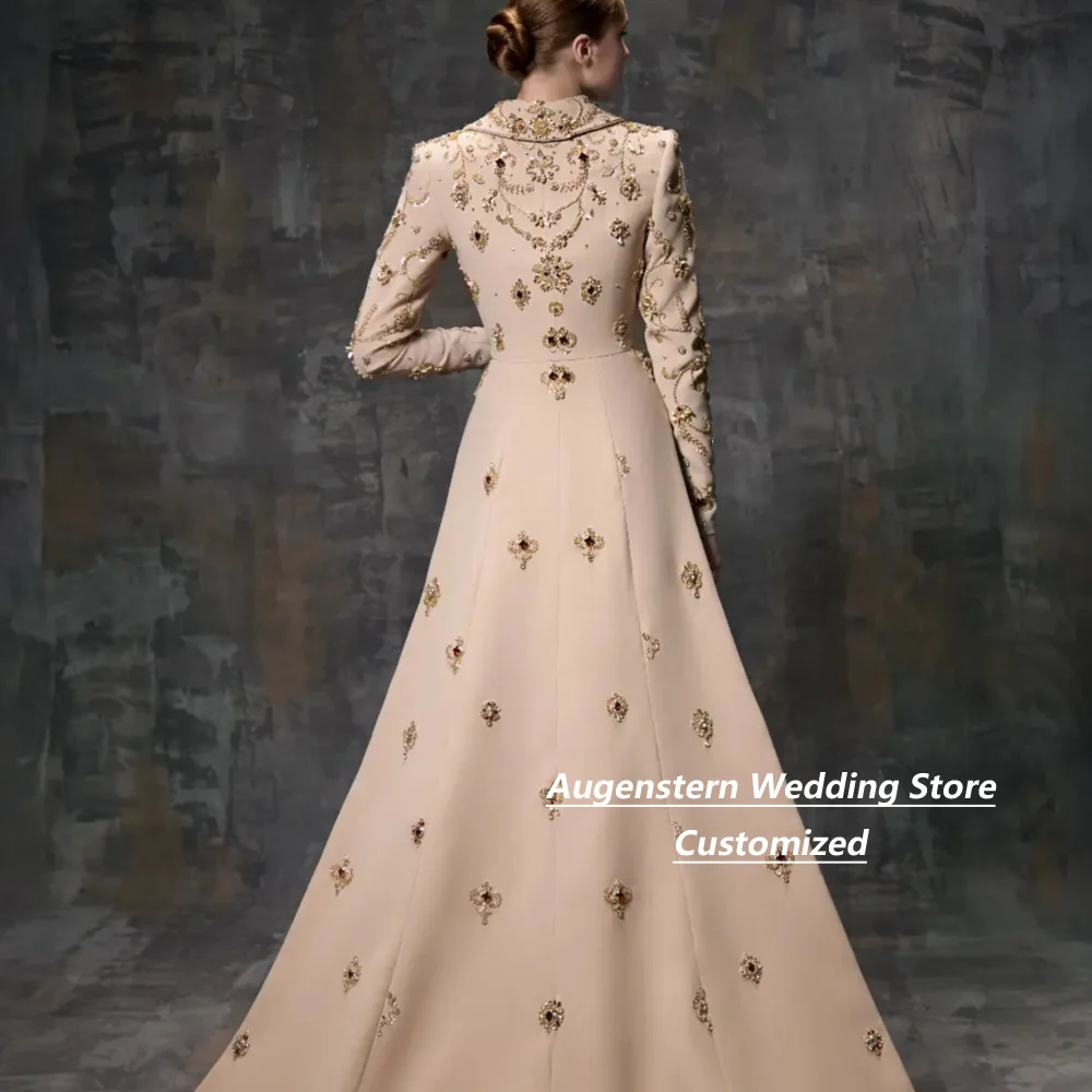 Customized Gold Crystal Embellished Mother Of The Bride Gown Beige Two Piece Blazer & Slip Dress Grid Beading Evening Gown