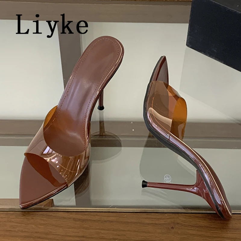 

Новые модные сексуальные тонкие туфли-мюли Liyke на высоком каблуке, женские прозрачные шлепанцы из ПВХ с острым носком, летние вечерние туфли для вечеринок