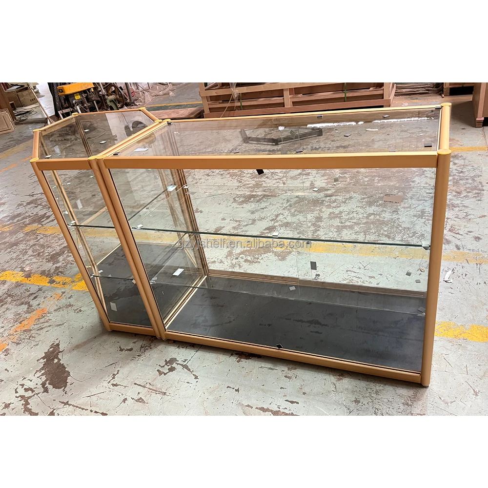 Custom.Customized High End Popular Full Vision Gold Metal Frame Style Glass Jewelry Kiosk Glass Display Cabinet for Shopping Mal
