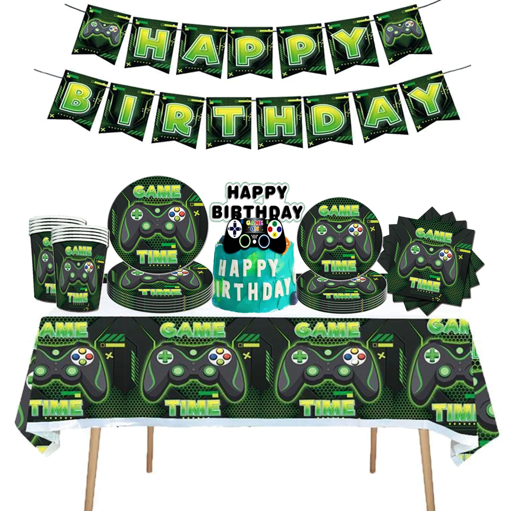 

Popular Electronic Games Birthday Party Decorations Disposable Tableware Sets Party Game Controllers Green Baby Shower Supplies