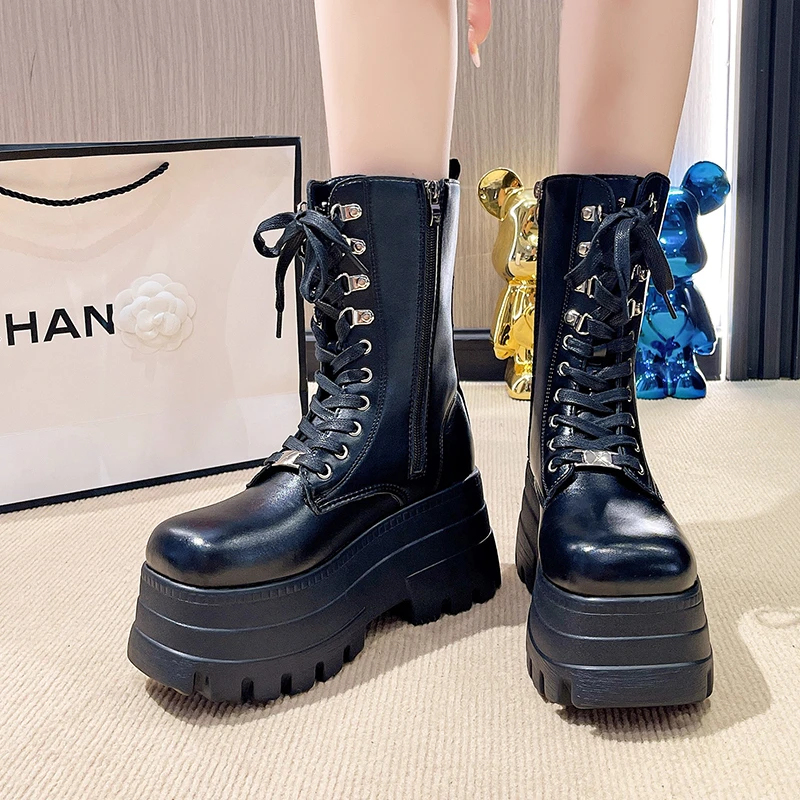 Gloednieuwe Dames Goth Platform Laarzen Mode Klinknagel Gesp Punk Wiggen Hoge Hakken Dameslaarzen Party Street Cosplay Vrouw Schoenen