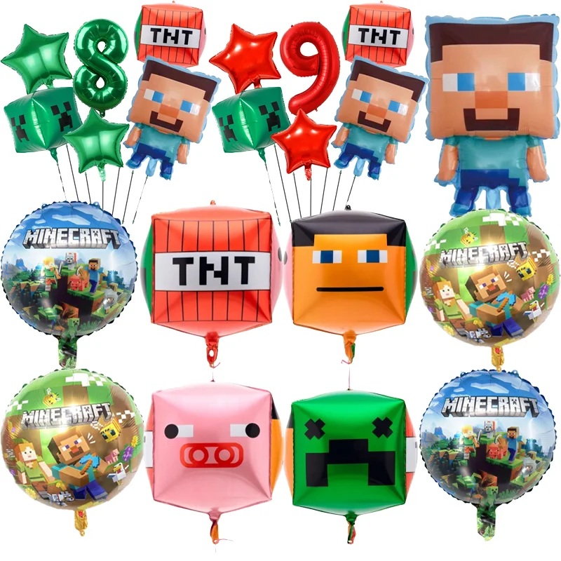 Game Miner Craftings Pixel Game Birthday Party Decorations 4D Balloons Tableware 18in Balloons Kids Party Supplies Baby Shower