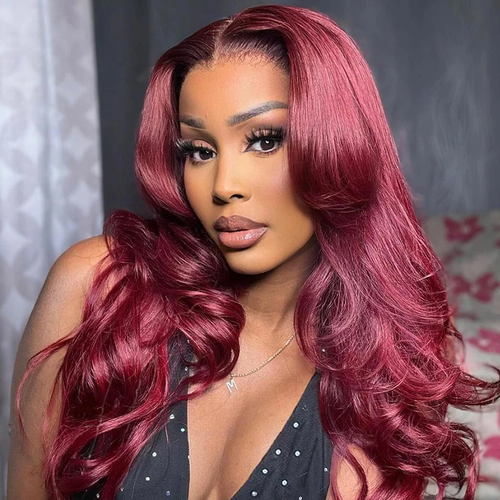 

180% Body Wave Burgundy 13x6 Lace Frontal Human Hair Wig For Women 99J Transparent Lace Front Brazilian Pre-Plucked Wigs On Sale