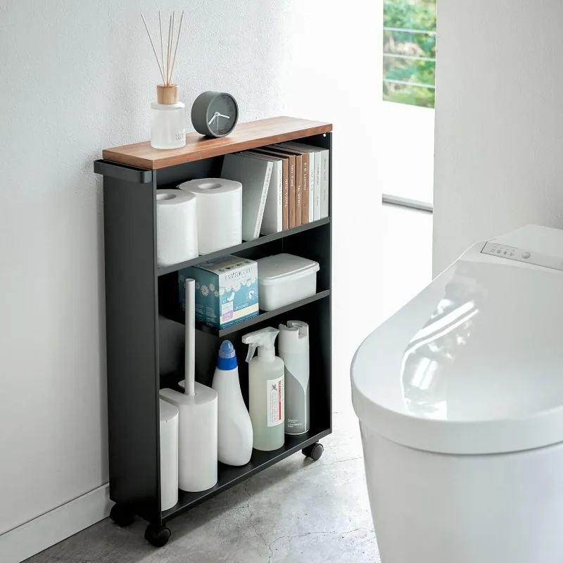 Home Rolling Slim Bathroom Cart with Handle-Storage Shelf Organizer Rack, One Size, Black