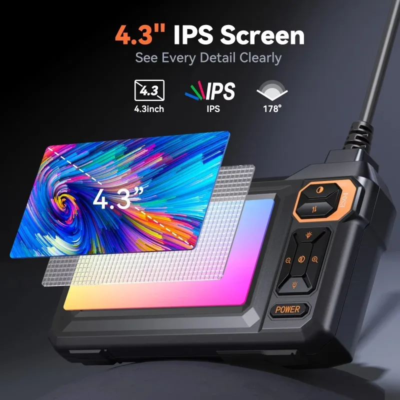 

4.3" IPS 1920P HD Industrial Borescope 8mm IP67 Waterproof 8 Adjustable LEDs 16.4FT Semi-Rigid Snake Cable