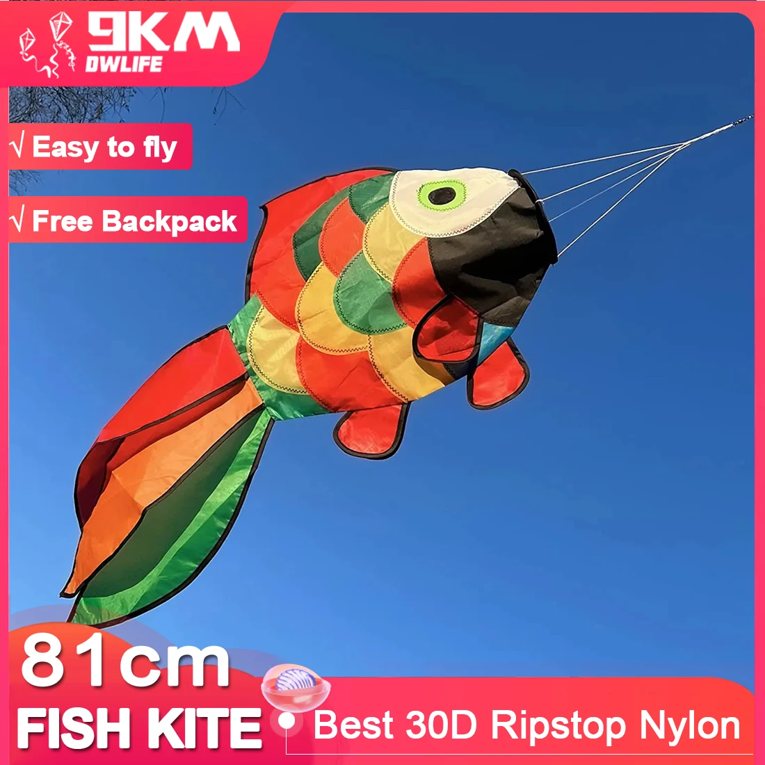 9KM 32in Rainbow Fish Kite Fishing Windsock Spinner Garden Decoration Spinner Spiral