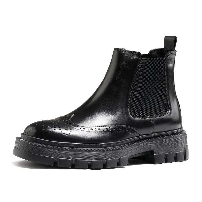 Fashion Casual Genuine Leather Office Thick Sole Outdoor Hiking Round Toe Business Chelsea Boots Men's Shoes Motorcycle Boots