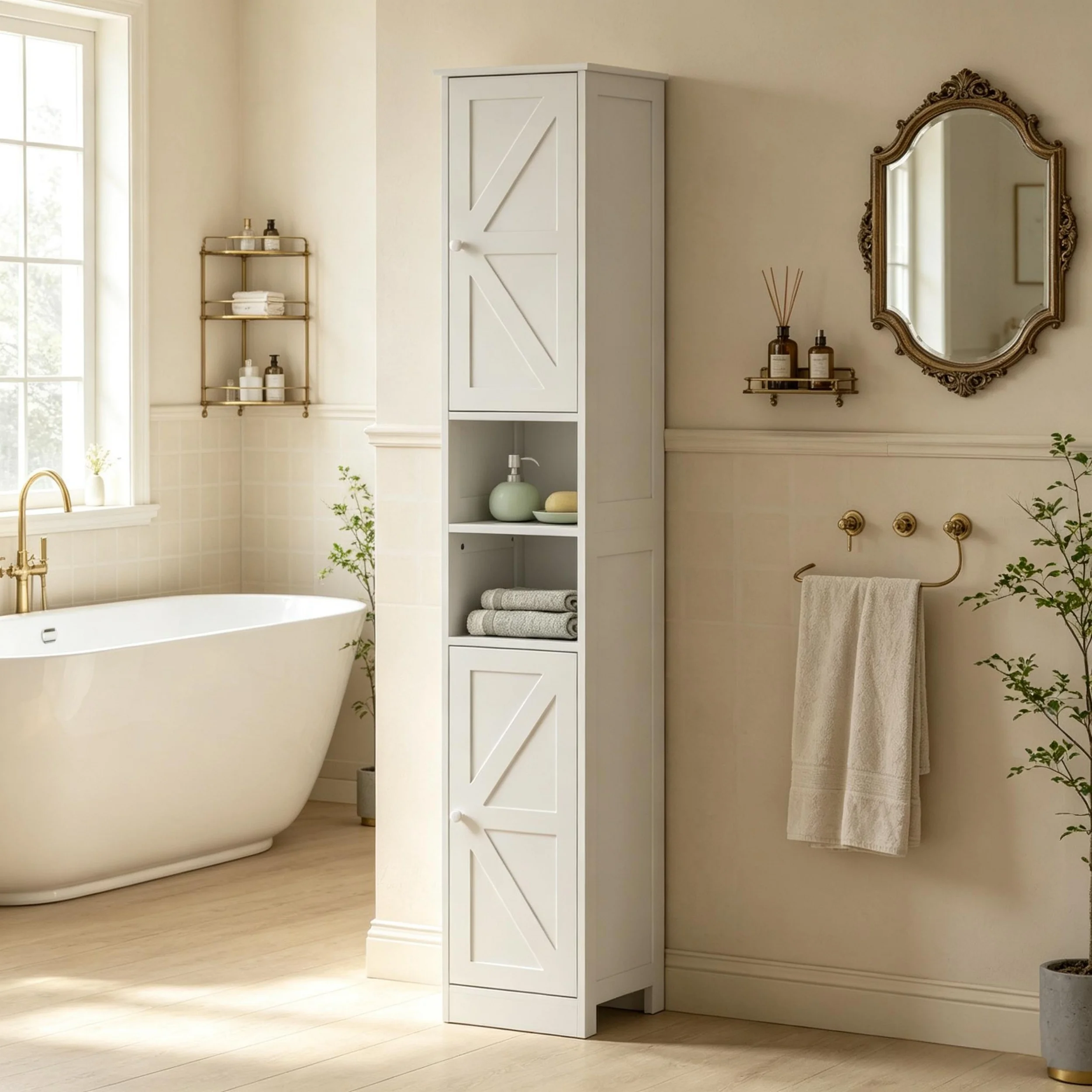 Bathroom Organizer with Enclosed & Open Compartments,Tall Bathroom Storage Cabinet,Slim Floor-Standing Bathroom Cabinet