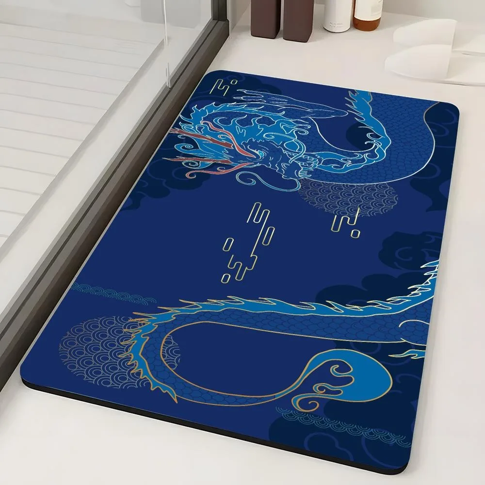 Navy Chinese Dragon Diatomite Super Absorbent Bathroom Floor Mat Anti Slip Foot Rug Quick-drying Shower Toilet Doormat