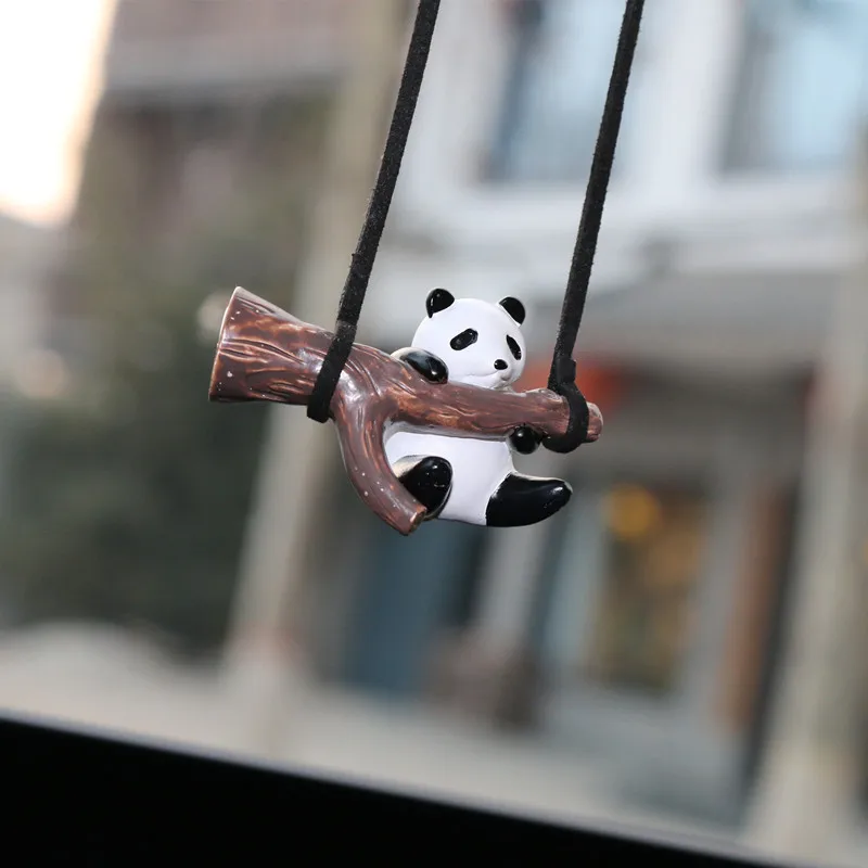 Cute Panda Swing Rearview Ornament Creative  Tree Branch Rearview Glass  Ornament For Car Women Girls Fun Backpack Pendants