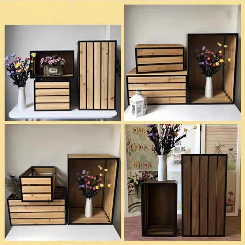 Caisses de rangement gigognes en bois avec cadre en métal, lot de 3, grand 23,6 x 15,7 x 12,6 pouces