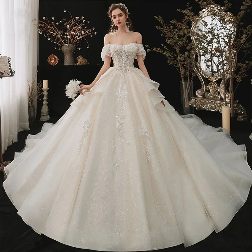 

Formal White Wedding Dresses Appliques Organza Spaghetti Strap Chapel Train Gowns Gorgeous Bridal Dress Vestidos 2025