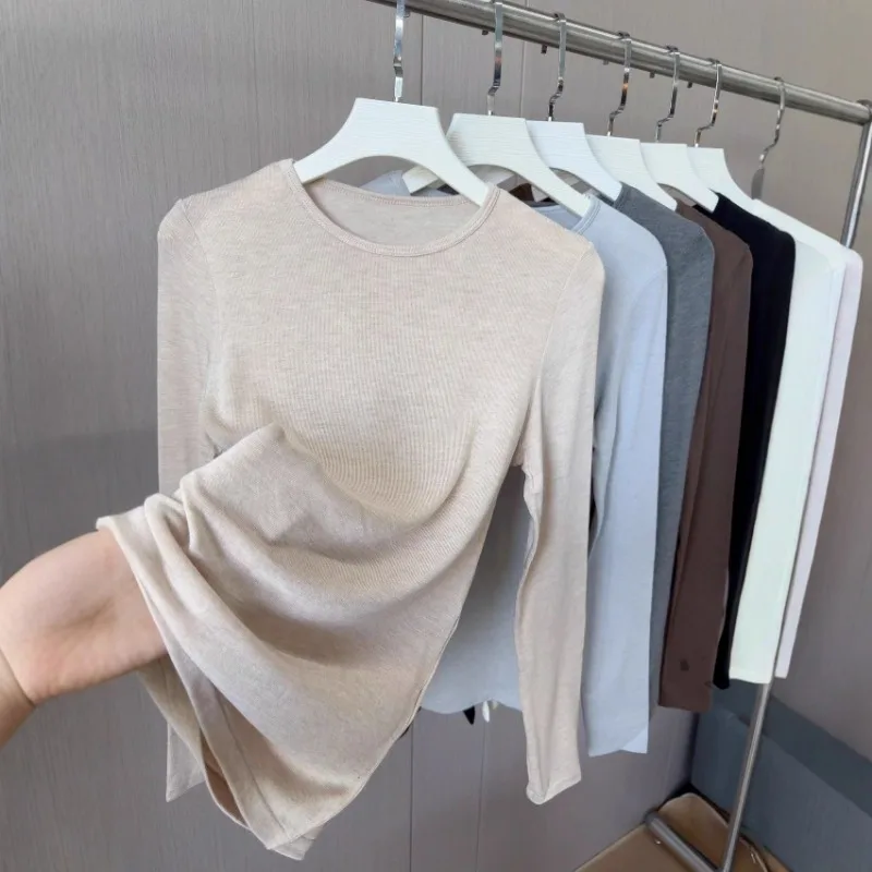 

Новое поступление, осень 2025, женская футболка с длинным рукавом, однотонная, с круглым вырезом, модальный базовый слой, топ с круглым вырезом, стильная женская одежда