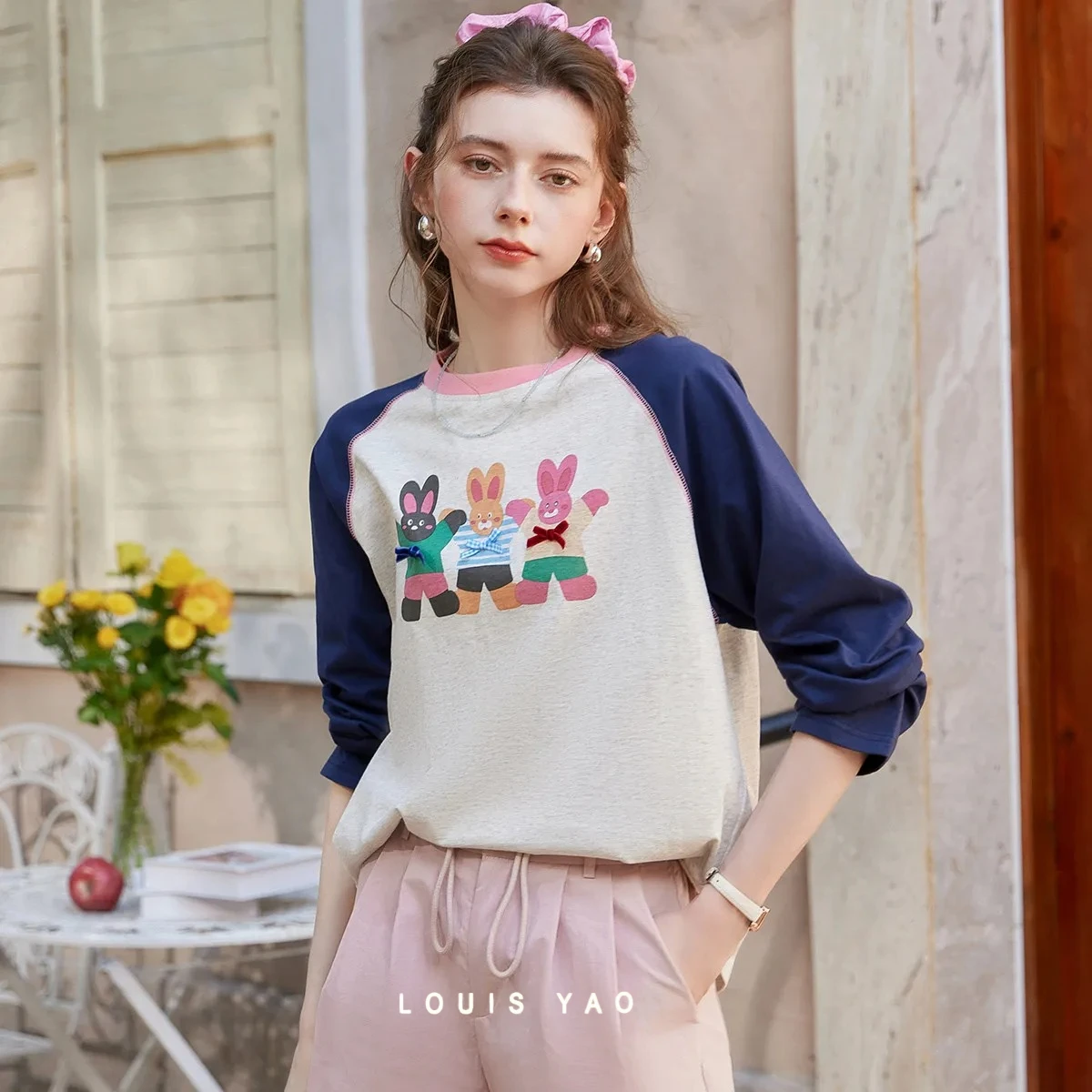 LOUIS YAO Women's T-Shirts 2026 Spring Color Block Funny Print Casual Pullover Top Women 100% Cotton Long Sleeve T-Shirt