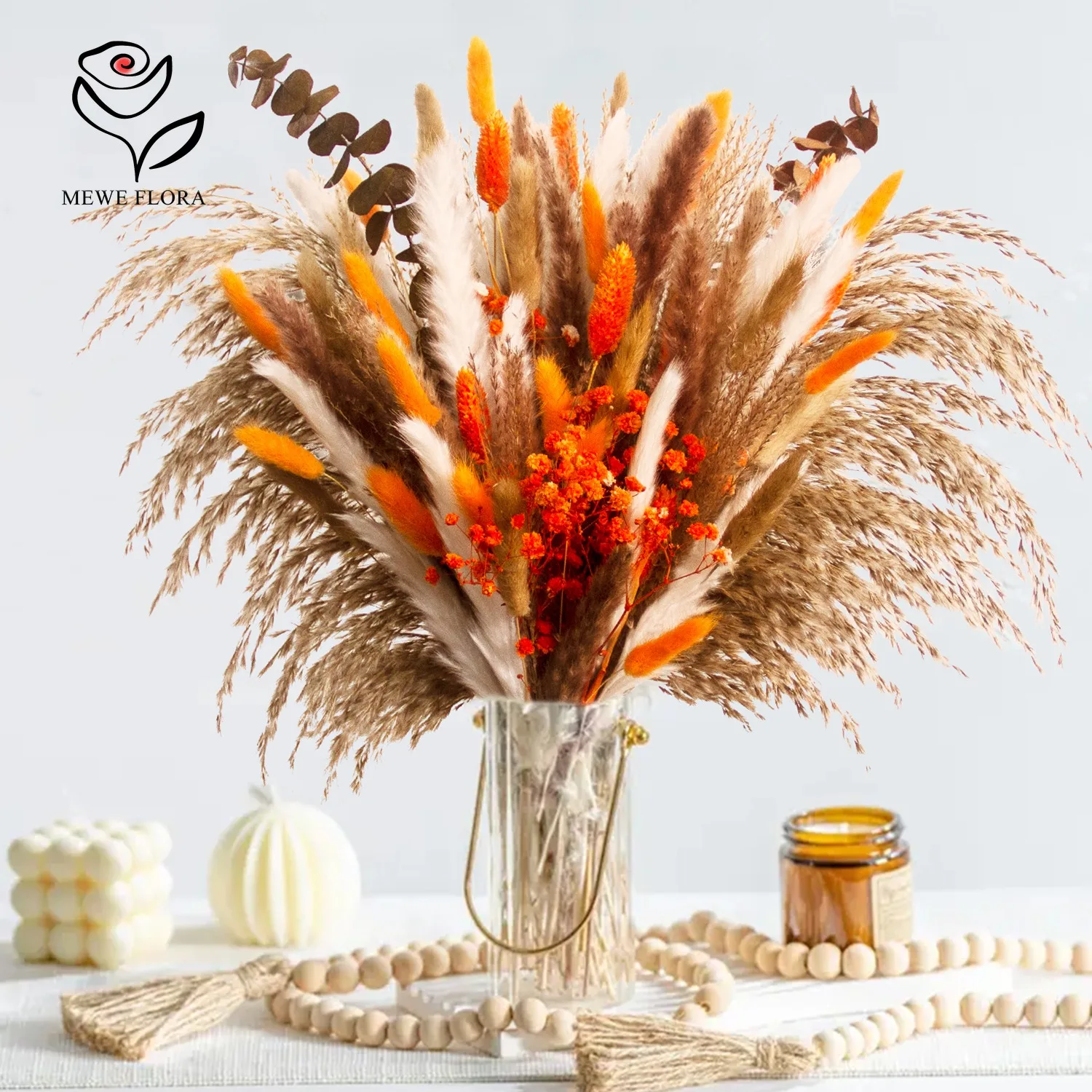 Conjuntos de buquê de flores naturais secas Pampas, decorativa laranja Gypsophila, rabo de coelho, decoração rústica chique para vaso, outono