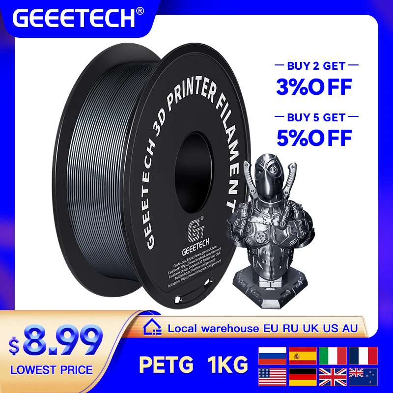 GEEETECH-filamento de impresora 3D PETG, 1kg, 1,75mm, envasado al vacío, almacenes en el extranjero, envío rápido