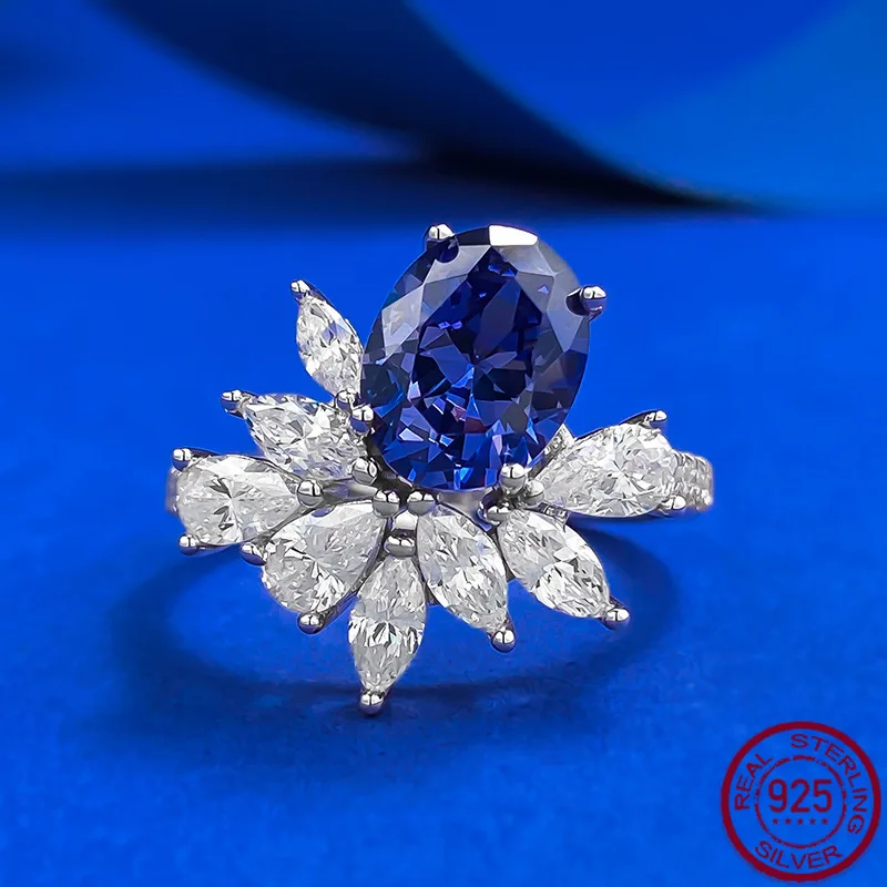 

New S925 Silver Synthetic Sapphire Ring with Elliptical 7 * 9 Ice Flower Design, High Grade Sensation Ring Ring, Wedding Jewelry