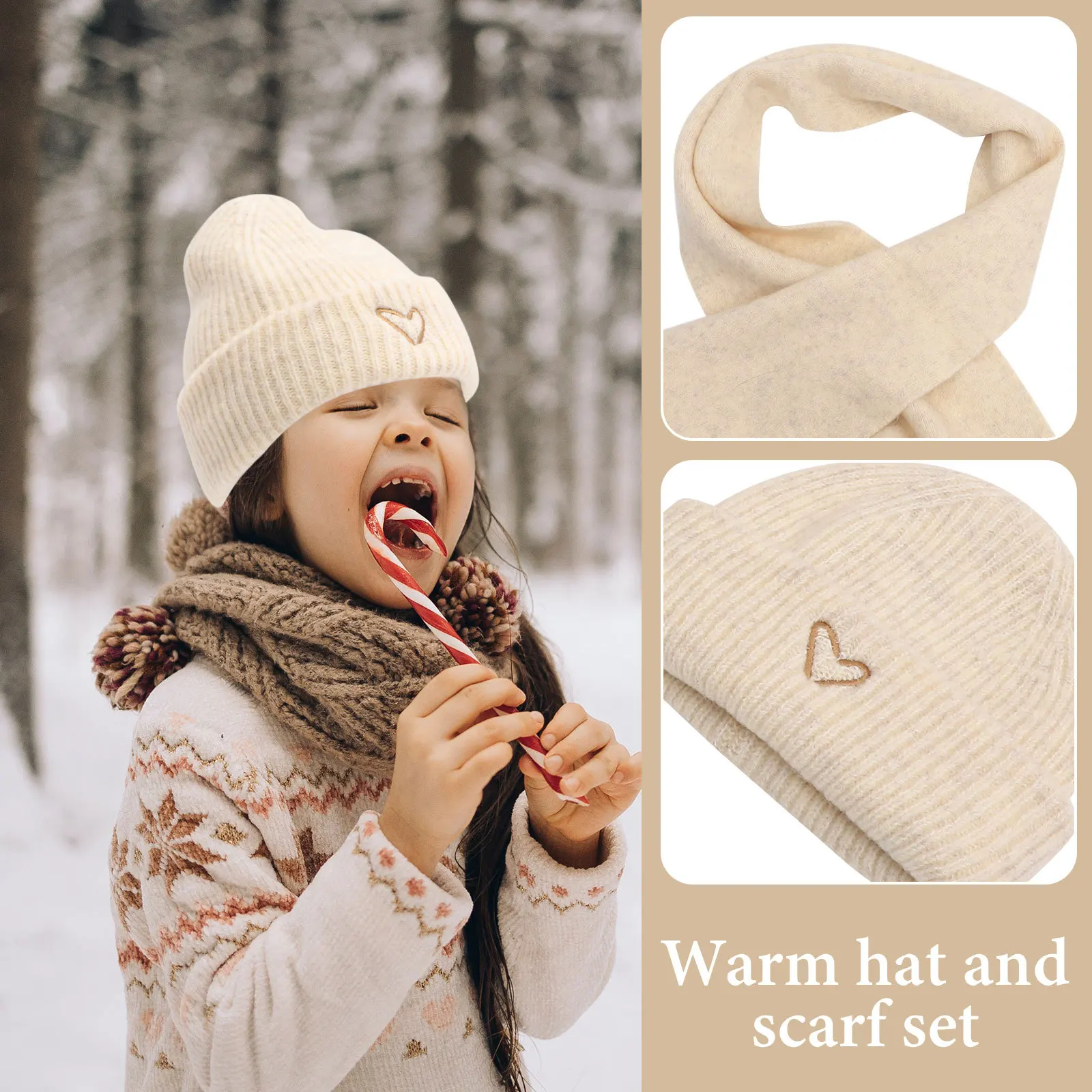 مجموعة واحدة من وشاح القبعة الدافئة الصغيرة المطرزة على شكل قلب للشتاء، مواد آمنة، قبعة دافئة مريحة ومريحة