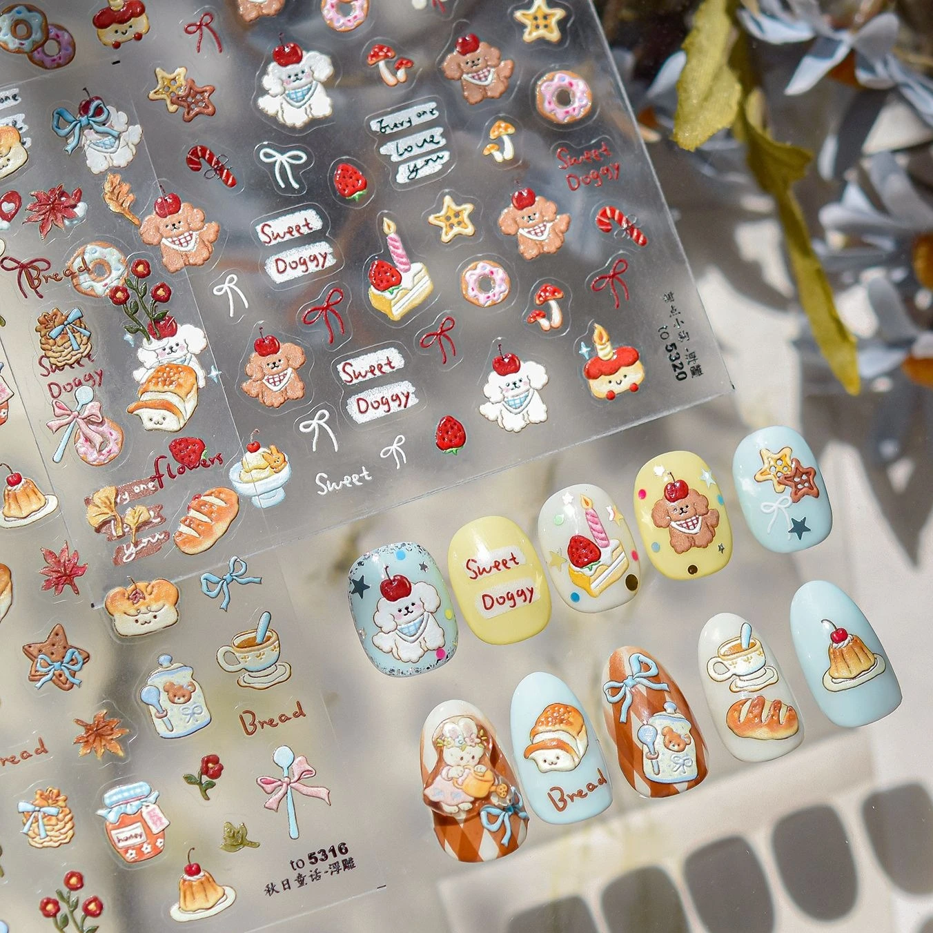 

Autumn Dog Cake Star Food Mushroom Pudding Rabbit Coffee Ginkgo Leaf Maple Leaves Bowknot Fall Nail Art Stickers Manicure Decals