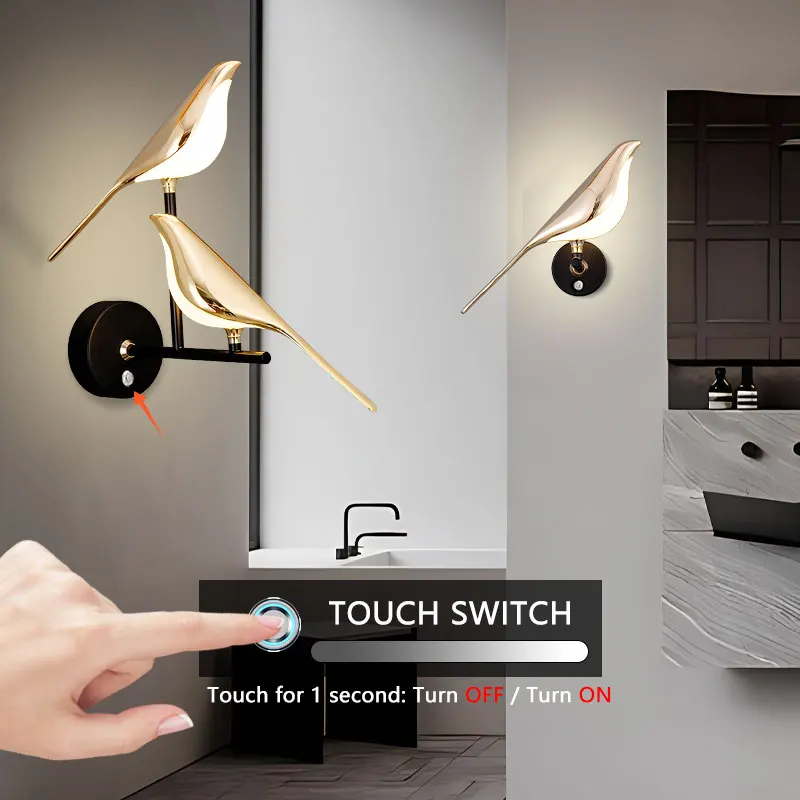 magpie bird touch switch on e off led wall lamps luzes de parede para cabeceira quarto 360 rotativo ouro prata arcabeceira interior 01