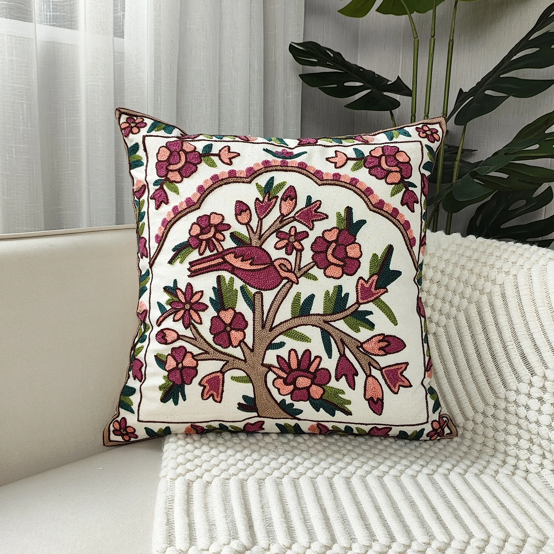 

1pc, Colorful Tree Flower And Bird Embroidered Throw Pillowcase, Throw Pillow Cover, For Living Room Bedroom Sofa