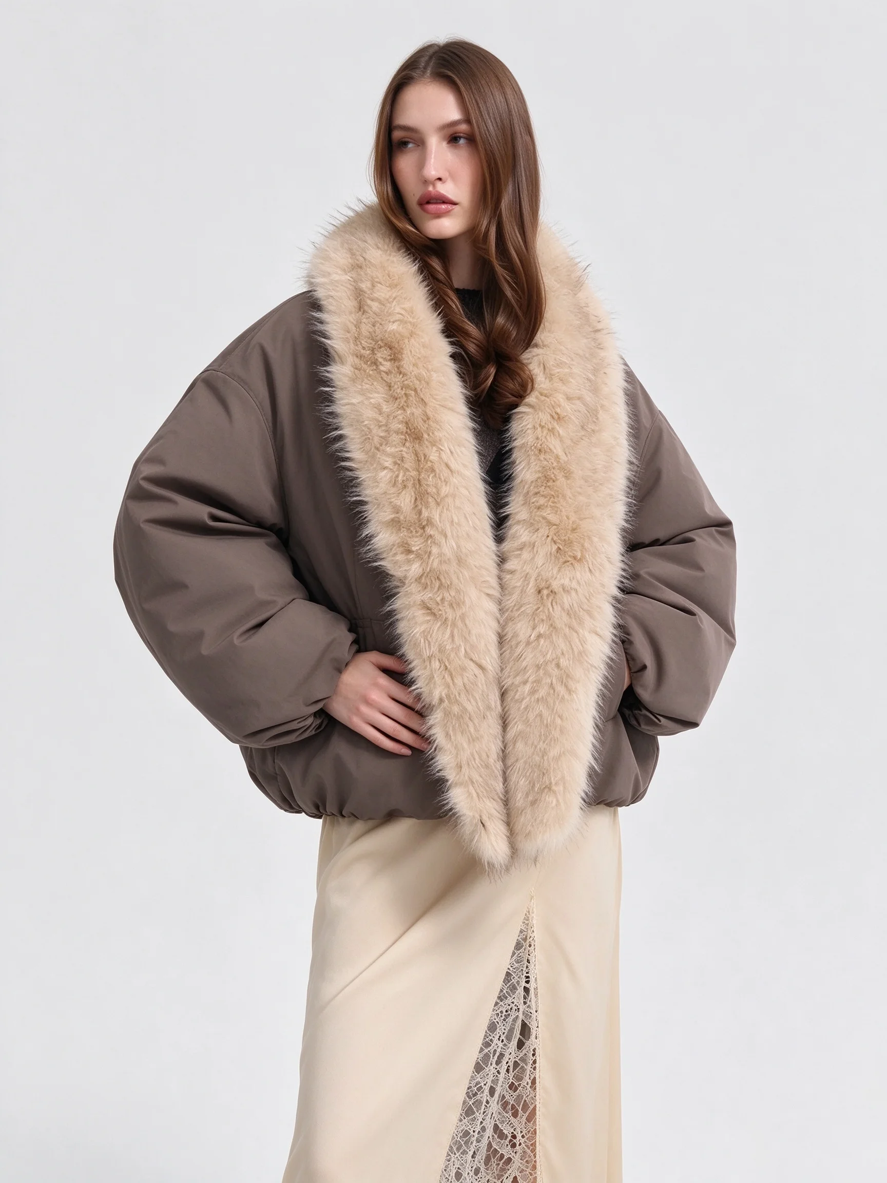 LIMO Women Winter Puffer Jacket Large Faux Fur Collar Loose Warm Short Coat