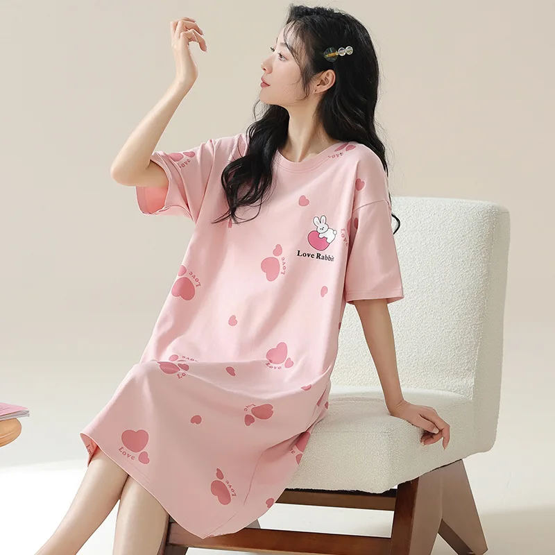 Pyjamas Women Nightgown Short Sleeve Sweet Cartoon Print Loungewear Loose Summer Thin Sleepwear Women's Clothing Trend Nightwear