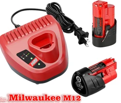 2 Pack 12V Lithium Replacement Milwaukee M12 Battery 3000mAh and M12 Rapid Charger for Milwaukee M12 Battery Charger