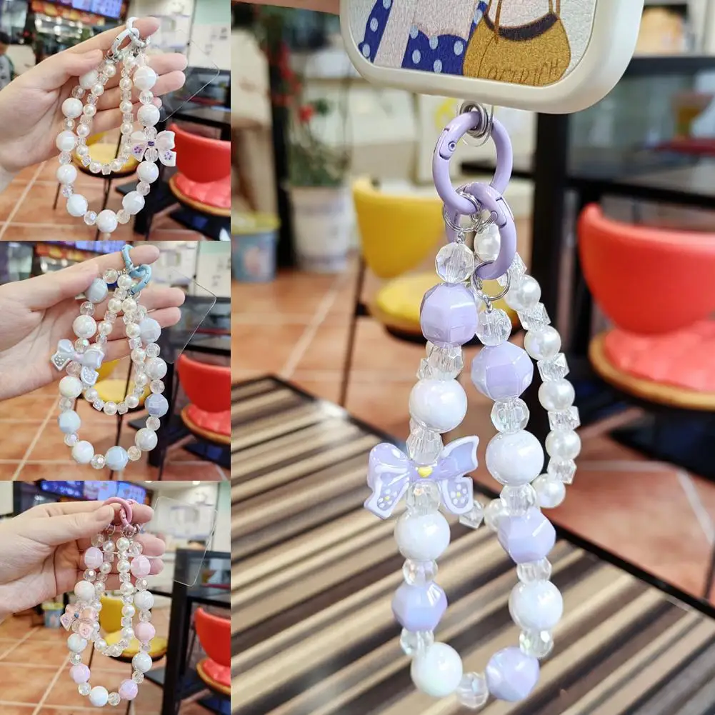 High-looking Bow Heart Beaded Bracelet Colorful Lanyard Strap Mobile Flower Butterfly Wrist Acrylic Chain Pearl Phone Anti- R2K6