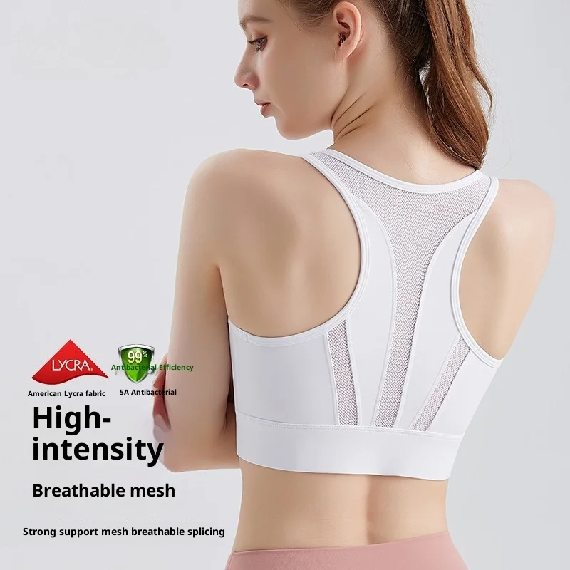 High Impact Workout Bra with Ventilation Mesh - Front Zip Sports Top with Fixed Cups, Breathable Fitness Tank for Running & Yoga