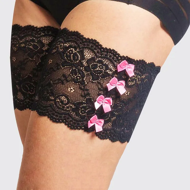 

TANABATA Women Black Sexy Bow Thigh Bands Hollowed Out Flower Lace Trend Leg Sleeve Silicone Anti-Skid Anti Friction Leg Warmers