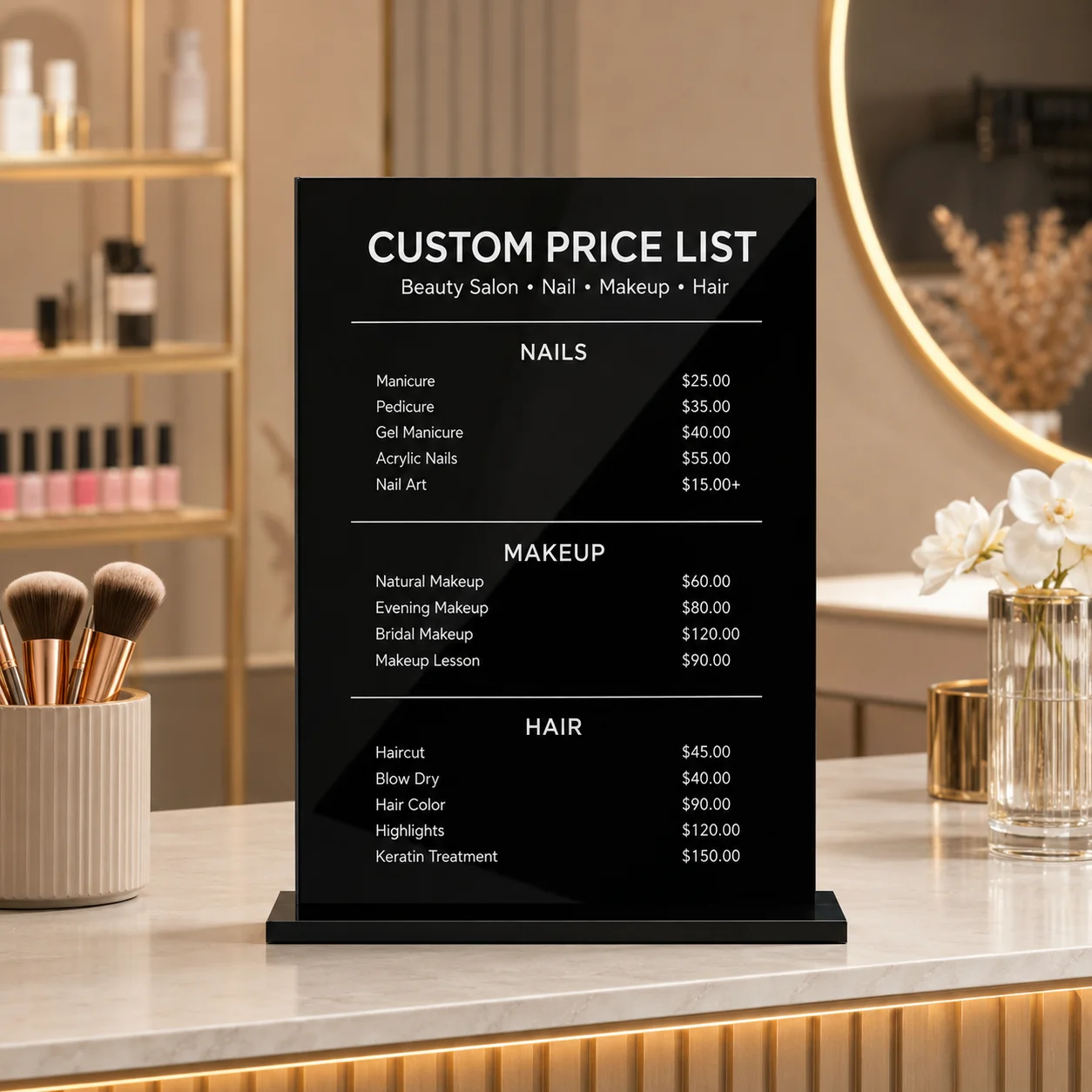 Custom Acrylic Price List Sign Personalized Beauty Salon Pricing Board Nail Makeup Hair Stylist Table Display Small Business