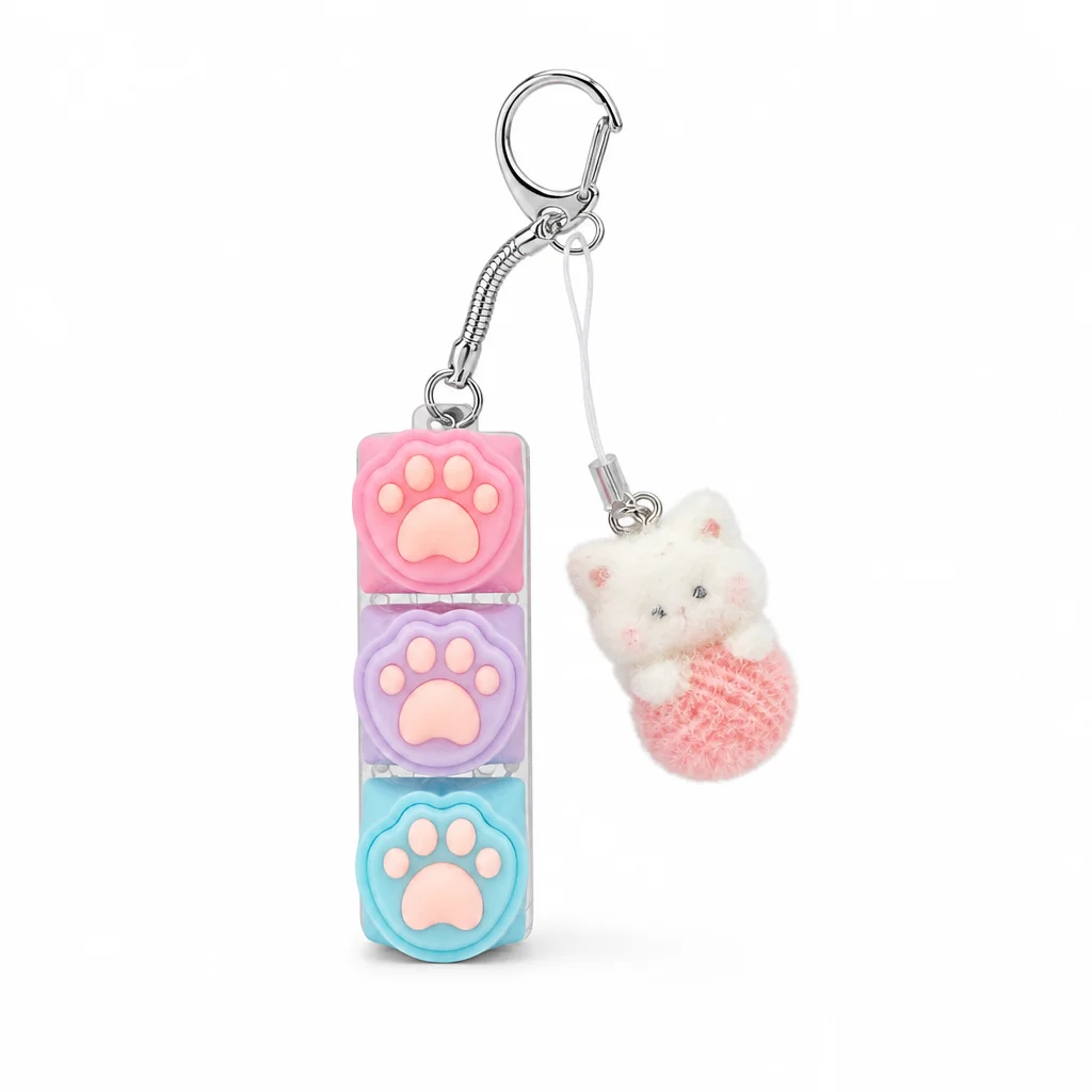 Fidget Keyboard Keychain, 3‑Key Stress Relief Toy with Gradient Keycaps, Cute Cat Plush Pom‑pom Charm, Transparent Acrylic Base,