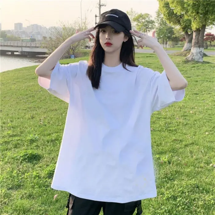 

Loose Short Sleeved T-shirt for Women Pure Cotton Solid Color White College Style Bottom Shirt Ins Top Clothing Summer New 100%