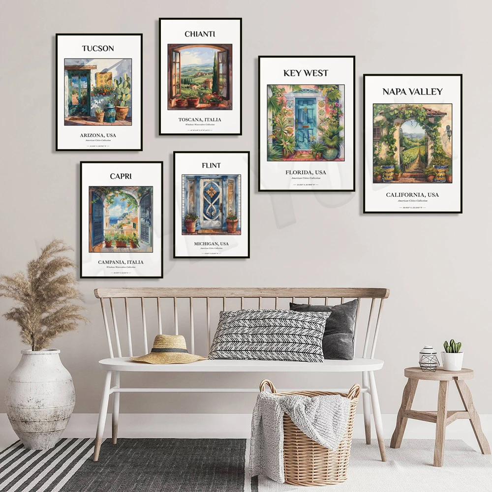 كابري ، مفتاح الغرب ، ميلواكي ، نابلز فلوريدا ، تروبيا ، توسكانا إيطاليا ، بروفانس بلاط ملصقات طباعة للسفر ، رسم توضيحي للنافذة