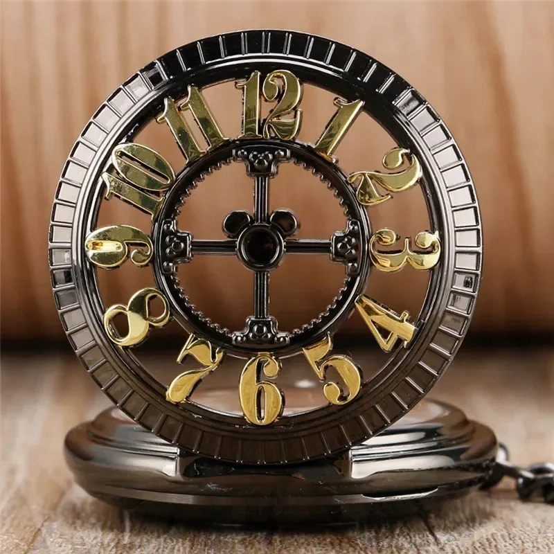 Steampunk Black Pocket Watch Skeleton Automatic Mechanical Watches for Men Women Arabic Number Half Hunter Clock Pendant Chain