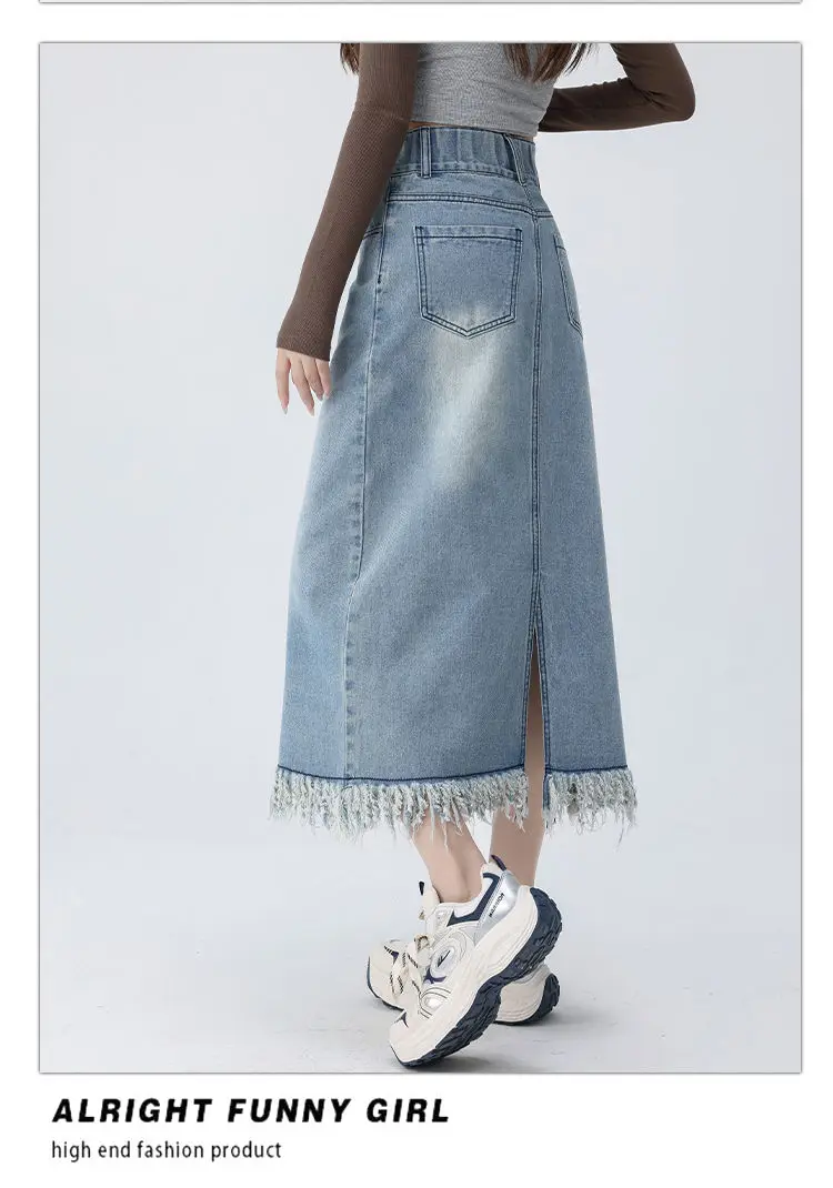 Large Size Denim Skirt Women Half Body A Word Medium Long Summer Thin Section High Waist Slim Student Fringe