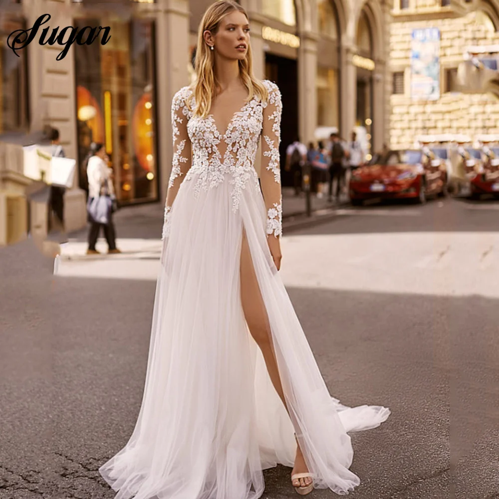 Boho Wedding Dresses Sexy Side Slit Lace Applique Vintage V-Neck Bride Gowns Long Sleeve Tulle A-line Sweep Train vestido novia