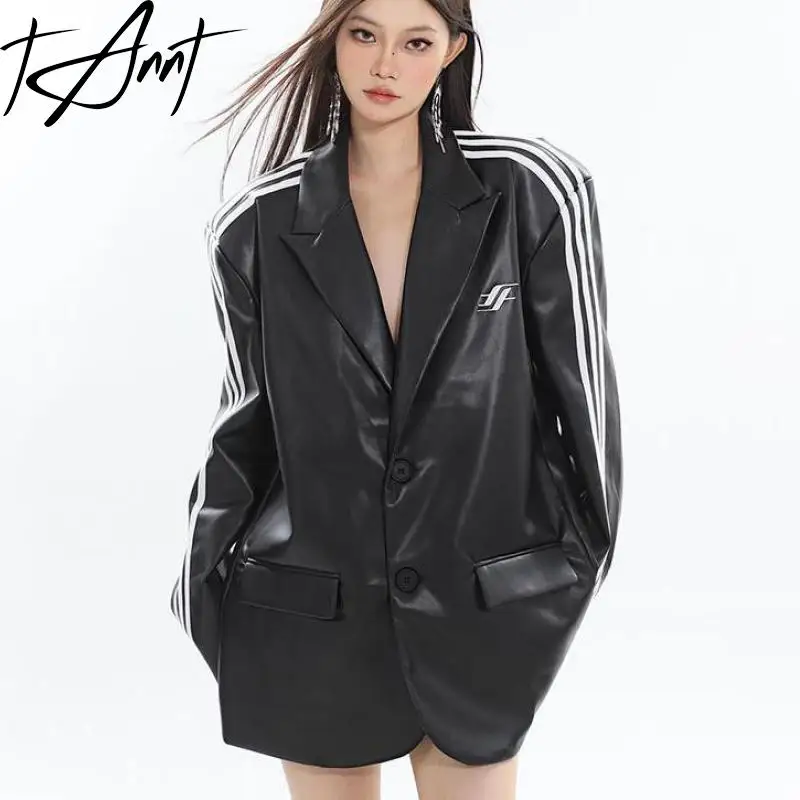 TANNT Women Leather Coat 2024 Autumn New Striped Single Breasted Full Sleeve Black Loose Leisure Long Leather Blazer Coat