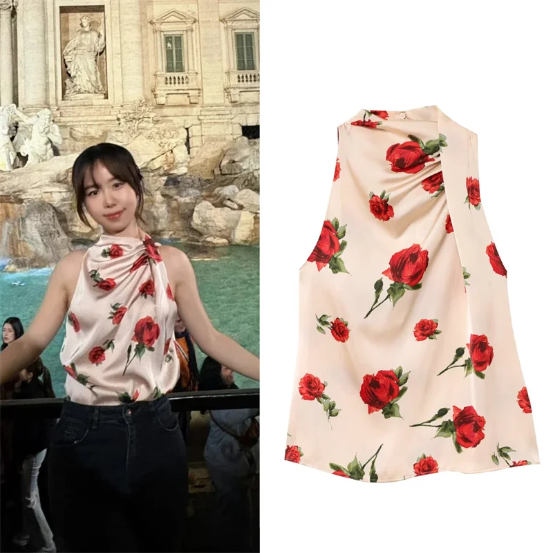 

Женская блузка, весна 2025, новый шелковистый атласный топ без рукавов с воротником-халтер, романтический розовый принт, французская элегантность