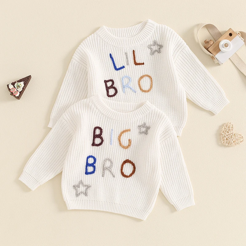 Suefunskry Little Boy Knitted Sweater Letter Star Embroidery Crew Neck Long Sleeve Casual Pullover Tops for Fall Winter