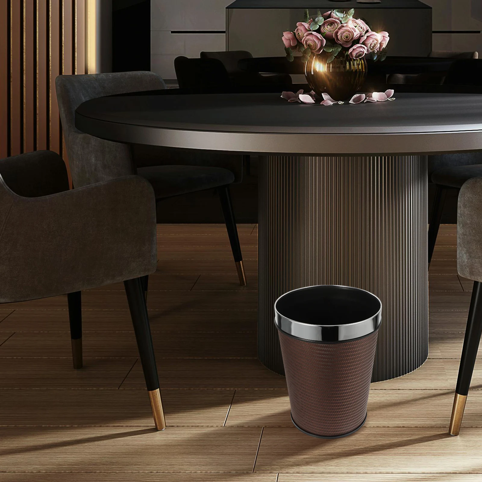 

1pc Retro Stainless Steel Trash Can Large Opening Waste Basket for Bathroom Kitchen Bedroom Office Metal Bin Suitable Spaces