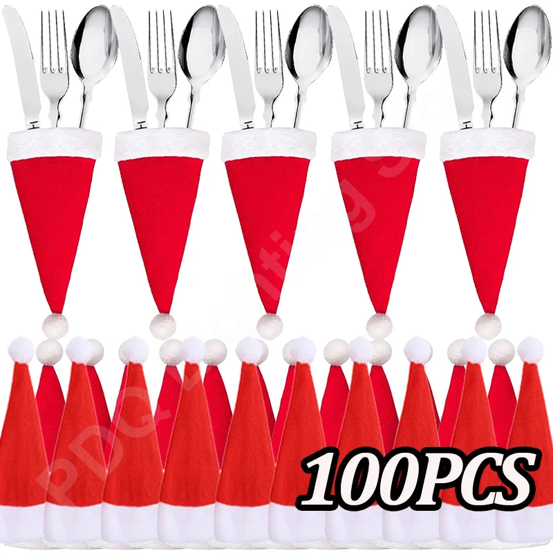 Mini Christmas Cutlery Holder Bag Xmas Hat Knife Fork Spoon Set Pockets Bags Party Dinner Table Tableware Organizer Decoration