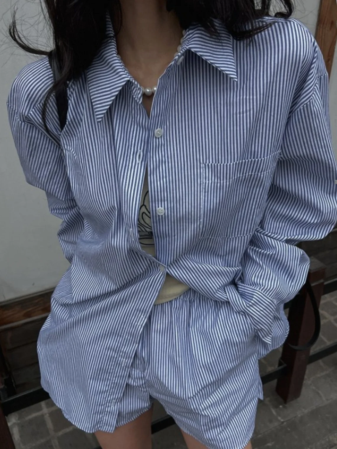 

Women's Loose Lazy Sle Striped irt Top with Slit High Waist Wide Leg ort Pants Faionable Set Spring Cotton Blend