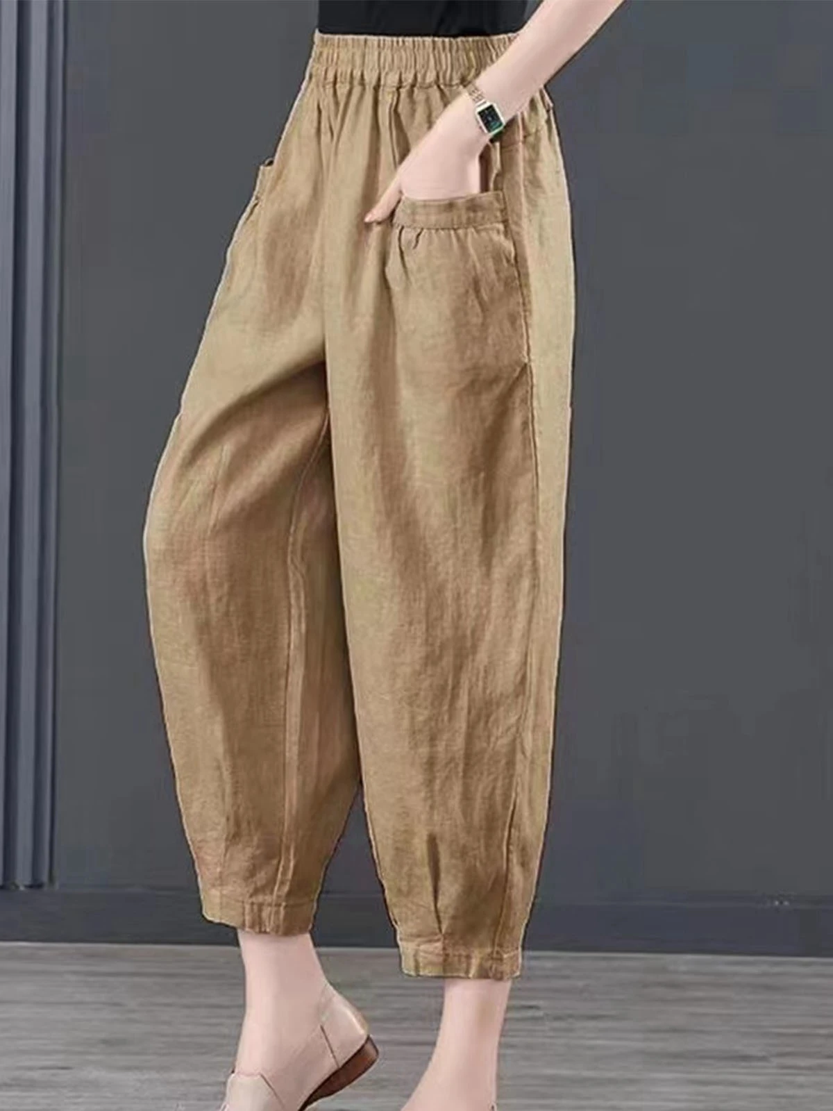 

High Waist Ice Silk Cotton Linen Lantern Pants Women's Loose Harlan Pants Commute Style OL Fashion Nine Point Pants