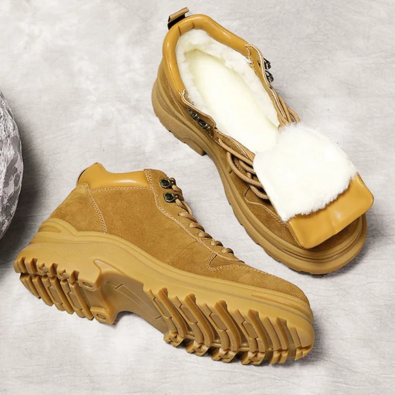 

High End Fashion Fur Snow Boots Men's Winter Shoes Wool Warm Outdoor Casual Oxfords Genuine Leather Sport Ankle Boots Male