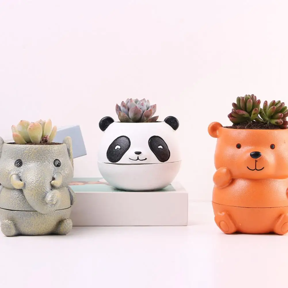 Cartoon Animal Succulent Plants Pots with Drainage Hole Small Resin Panda/Bear/Elephant Figure Desktop Cactus Flower Planter Pot