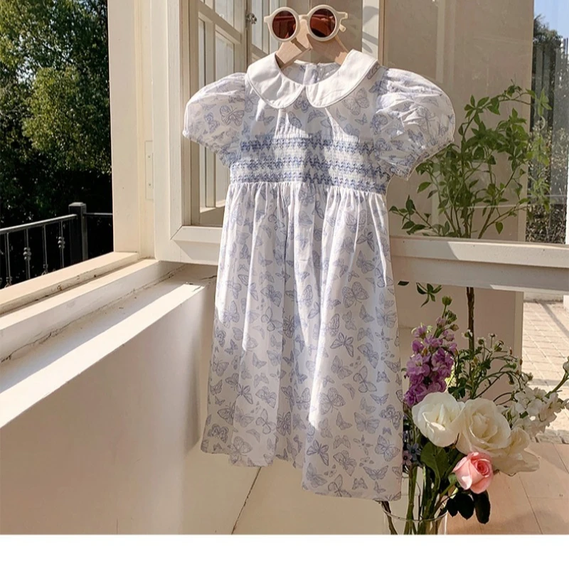 

Fashionable Floral Round-neck Girls Dress New Style Girls Puff Sleeve Dress for Toddlers Butterfly Print Breathable Dress Trendy