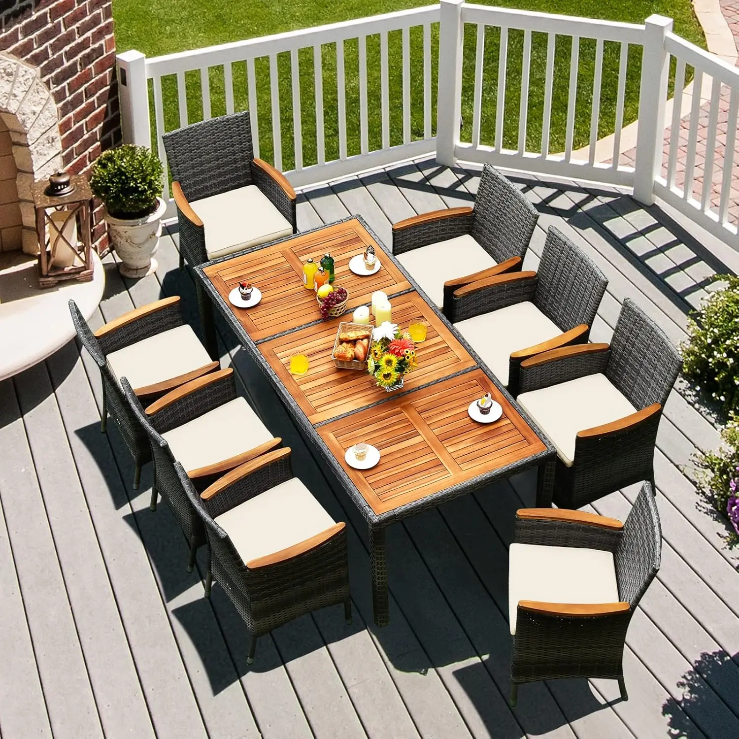 9 Pieces Patio Dining Set Garden Acacia Wood and Wicker Furniture Set with 1 Rectangular Table 8 Chairs with Cushions